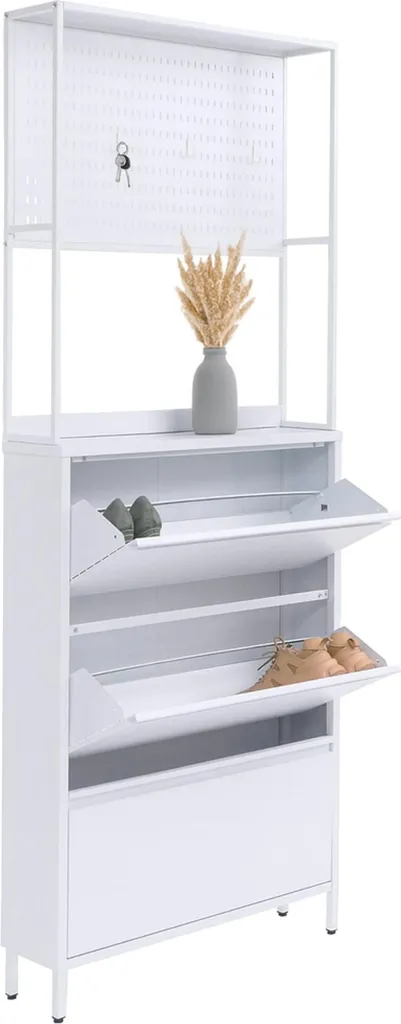 Armoire à chaussures HWC-O86 blanc 201x80x20cm avec 3 grands abattants