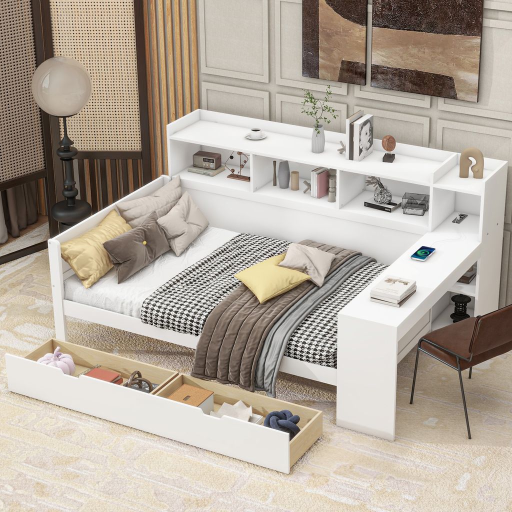 okwish Schlafsofa Daybett 90x200cm mit Lattenrost, Tagesbett Kinderbett mit Nachttischablage und Untertischablage, Bett mit Steckdose und USB-Ansch...