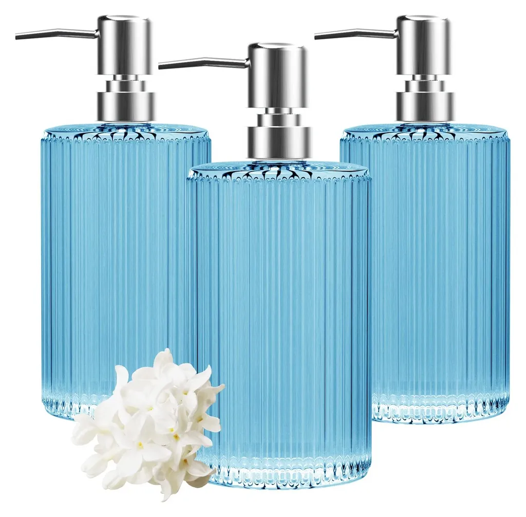 Distributeur savon verre bleu 482 ml : fini le plastique dans la maison