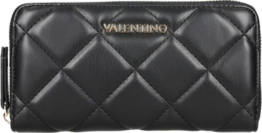 A black quilted wallet with a gold Valentino logo.