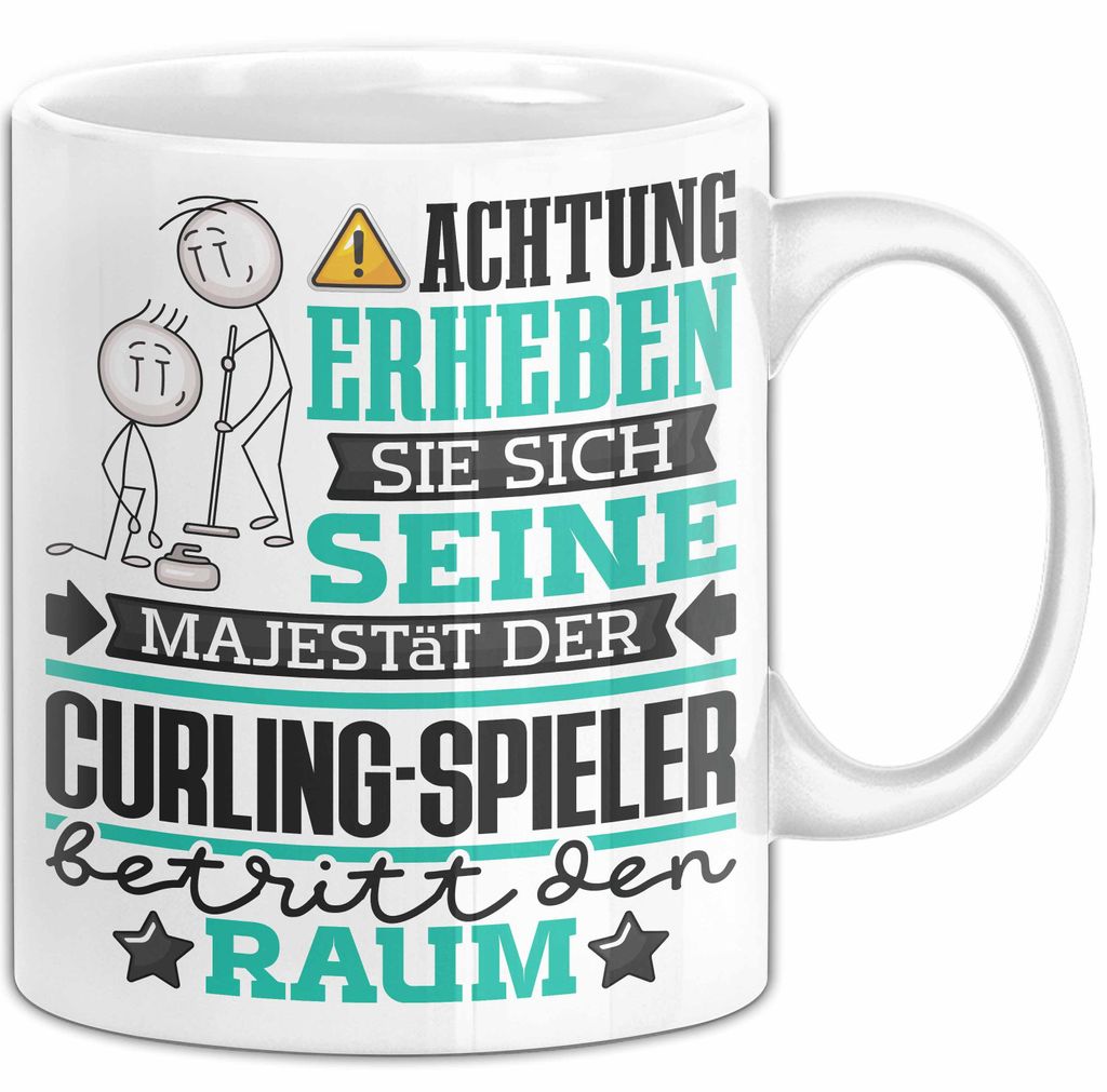 Curling-Spieler Geschenk Tasse Lustiger Spruch Erheben Sie Sich Der Curling-Spieler Betritt den Raum (Weiß)
