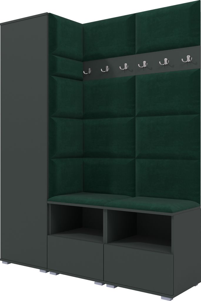 Garderoben-Set Nela II, Polstergarderobe mit zwei Schuhschränke, Flurmöbel mit Hochschrank (Farbe: Graphit + Trinity 28 (Flaschengrün))