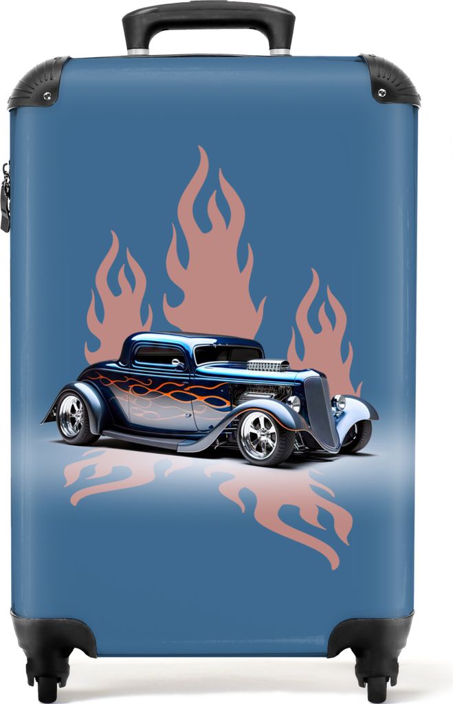 NoBoringSuitcases.com Koffer Handgepäck Trolley Rollkoffer Kleine Reisekoffer mit 4 Rollen - Auto - Blau - Flammen - Vintage - Cabin Size < 55x4...