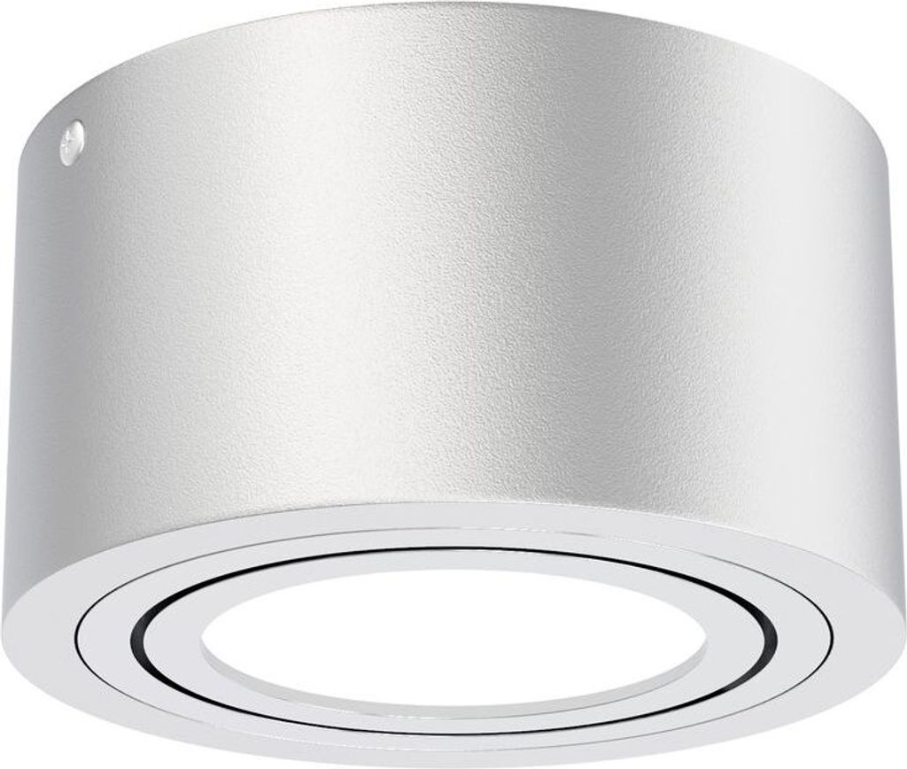 A close-up, studio shot of a silver and white cylindrical LED ceiling light.