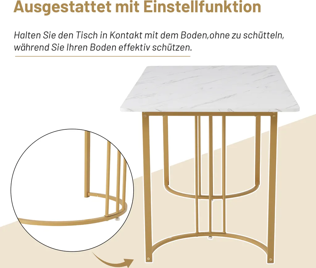 Sweiko 140 x 80cm tavolo da pranzo, (1-St), tavolo da cucina moderno, struttura in metallo tavolo da pranzo rettangolare in marmo moderno tavolo da cucina con gambe regolabili per sala da pranzo soggiorno, bianco / oro - 17