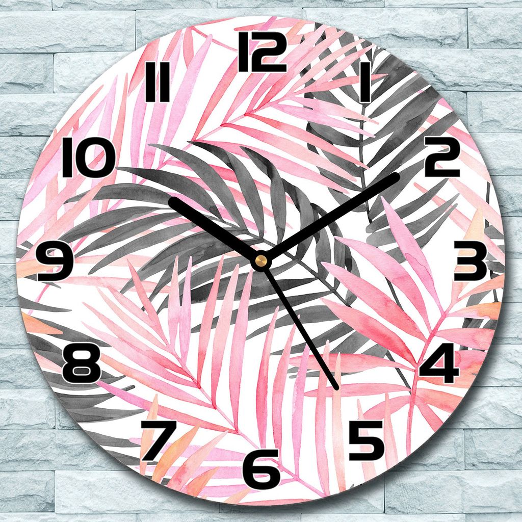 Wanduhr aus Glas Rund fi 30 Rosa Palme Exotische Quarz Deko Schlafzimmer Büro
