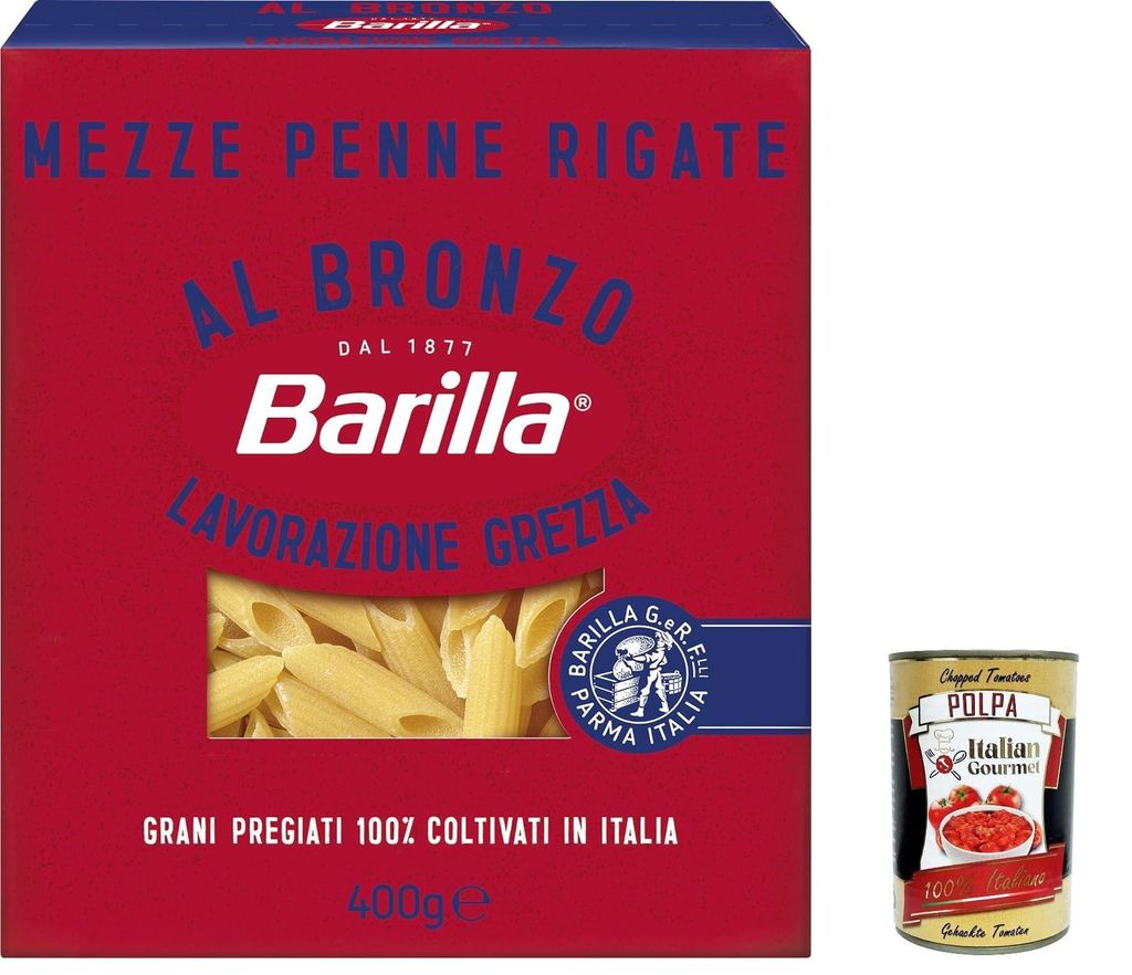 10x Barilla Mezze Penne Rigate al Bronzo Bronze Gezogene Pasta 400g Rohe Verarbeitungsmethode + Italian Gourmet polpa 400g