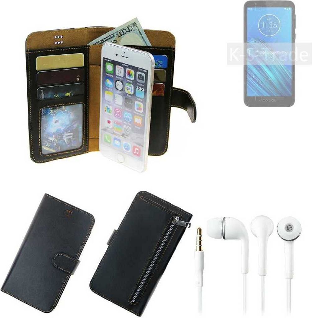 TOP SET Handy Hülle Schutz Hülle kompatibel mit Motorola Moto E6 schwarz aus Kunstleder + Kopfhörer Smartphone Tasche vollwertige Geldbörse