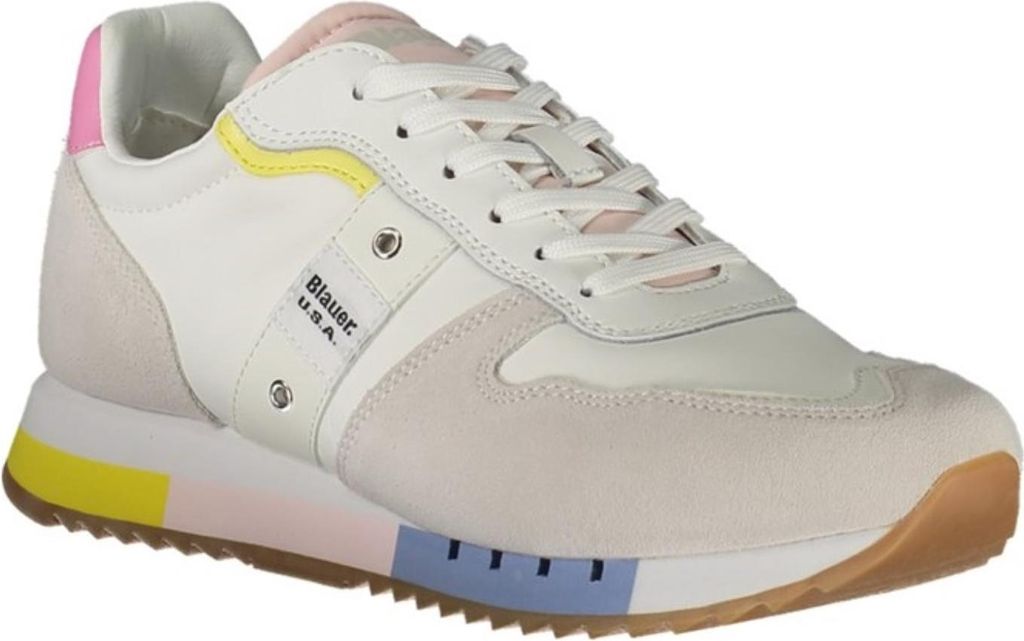 A single white sneaker with colorful accents is shown against a white background.