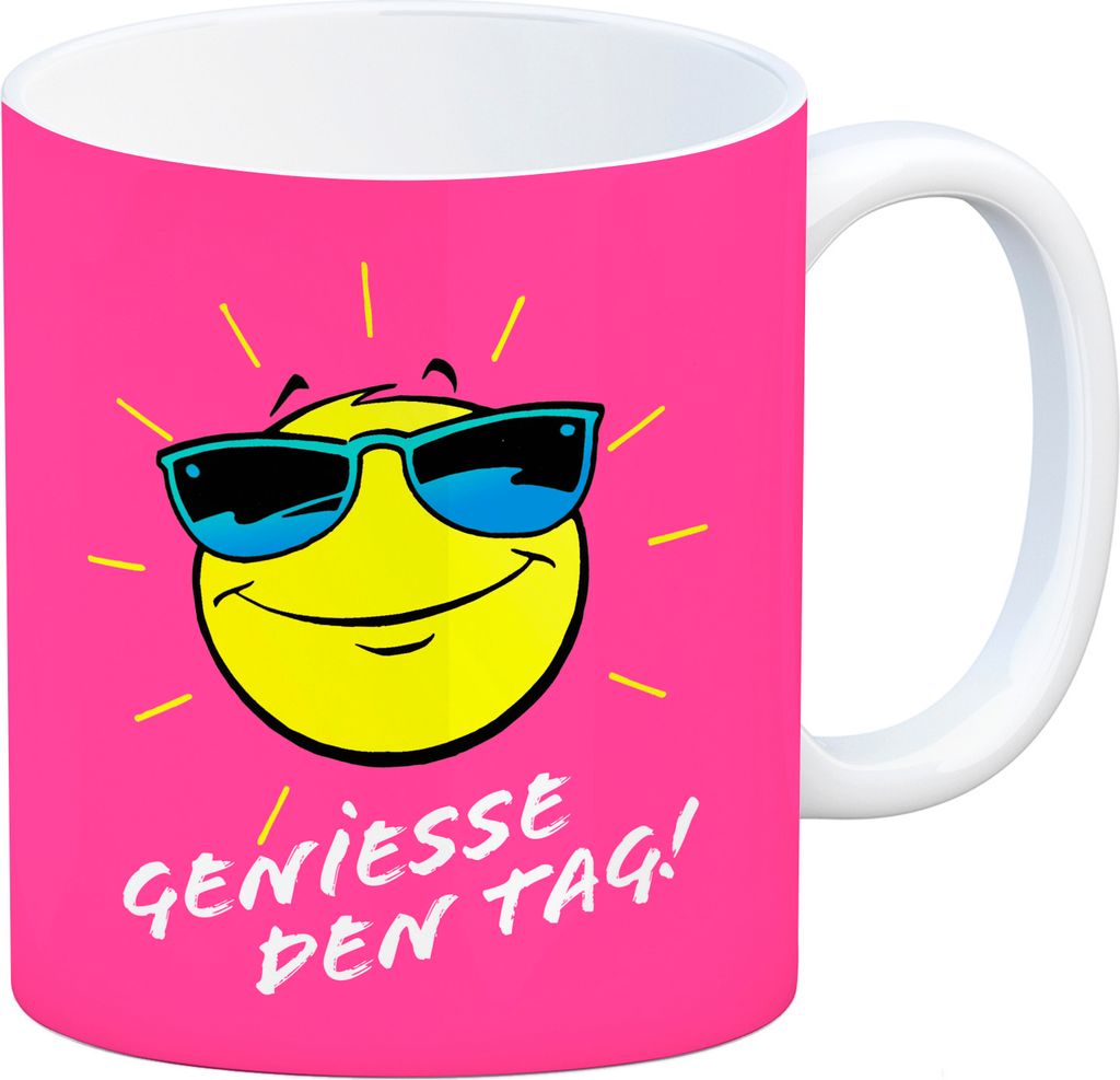 Geniesse den Tag! Kaffeebecher mit strahlender Sonne in rosa