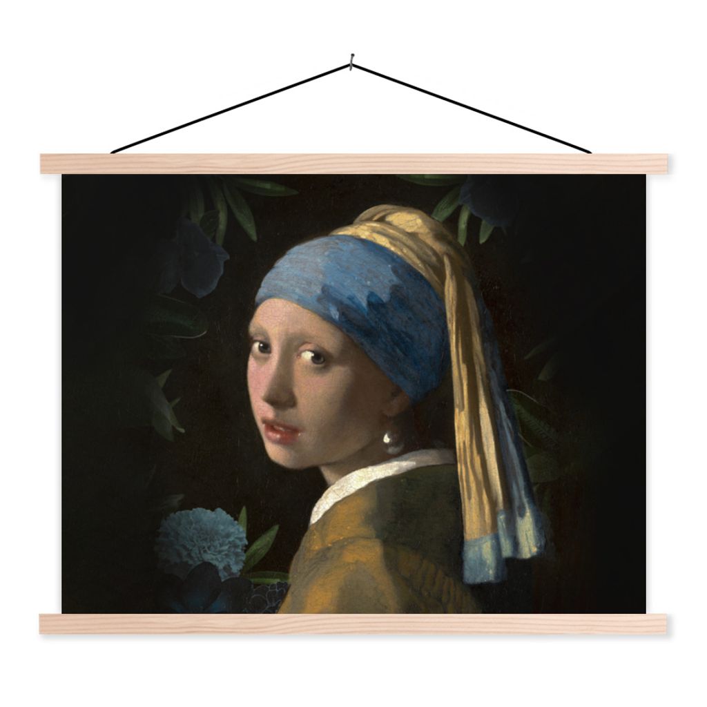 MuchoWow Textilposter Das Mädchen mit dem Perlenohrring - Johannes Vermeer - Blumen 40x30 cm mit holzfarbenen Rahmen - Bilder