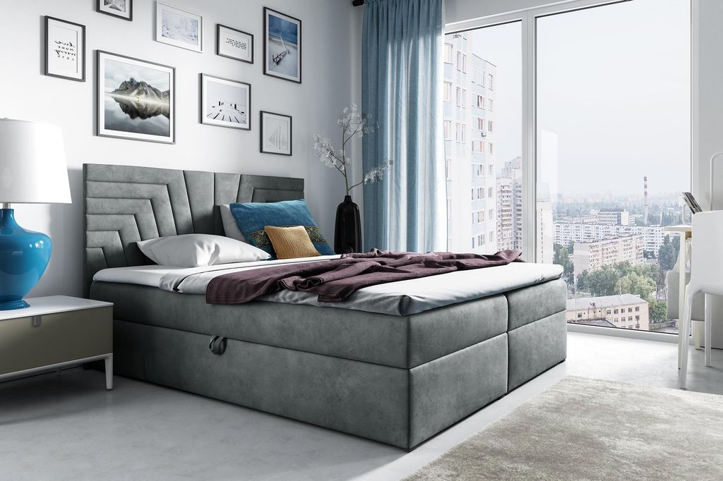 MEBLINI Boxspringbett mit Bettkasten - Gepolstert Doppelbett mit Matratze und Topper - Polsterbett mit Stauraum - Bett mit Kopfteil - Stauraumbett ...