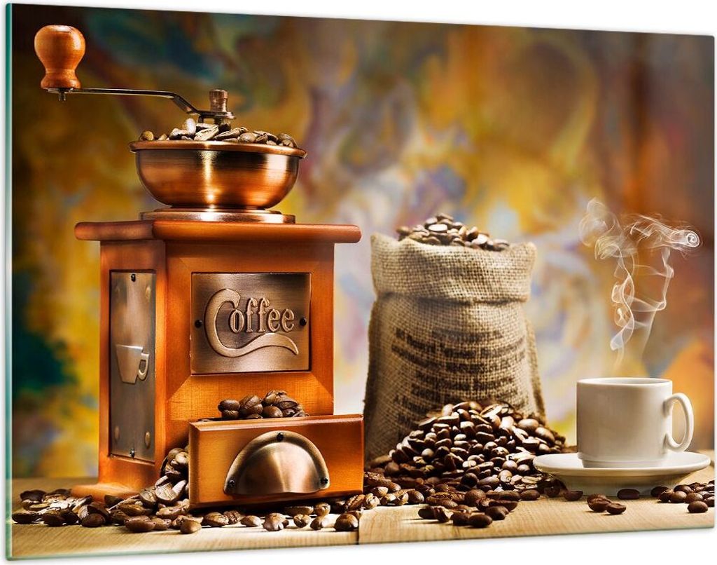 Bilder auf glas - Kaffee Körner Mühle Tasse - 120x80cm - Glasbilder - Wandbilder - Kunstdruck - zum Aufhängen bereit - Wanddekoration aus Glas -...
