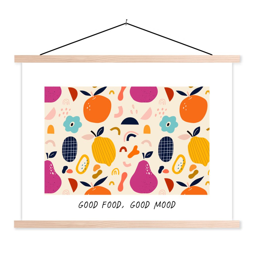 MuchoWow Textilposter Zitate - Essen - Gutes Essen, gute Laune - Sprichwörter 120x90 cm mit holzfarbenen Rahmen - Magnetisch