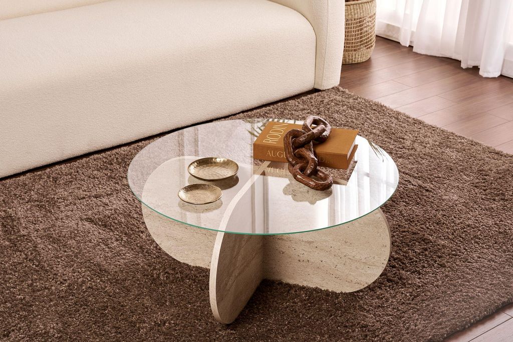 Skye Decor, Aeris - Travertine, Transparent, Couchtische, Travertin, Glas, 75 x 75 x 35 cm