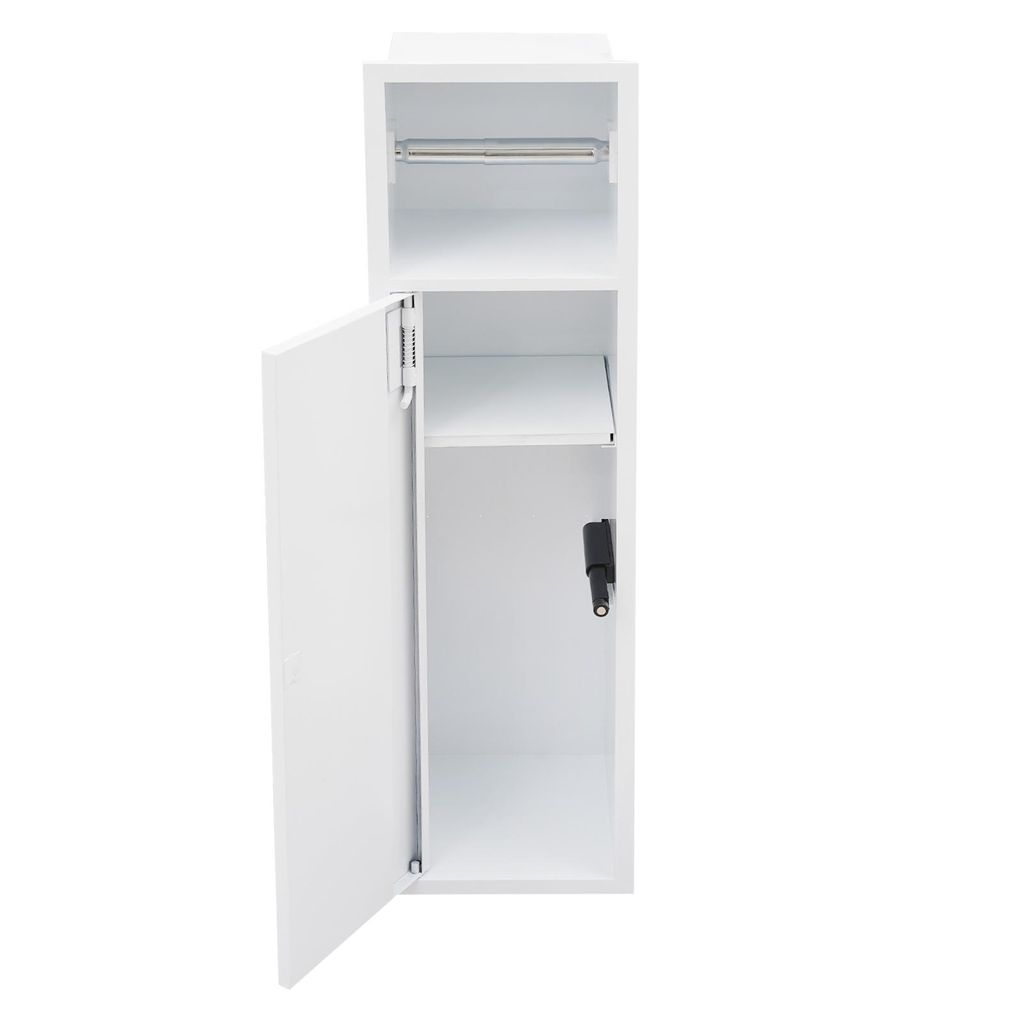 A white bathroom cabinet with its door open, showing shelves and a toilet paper holder.