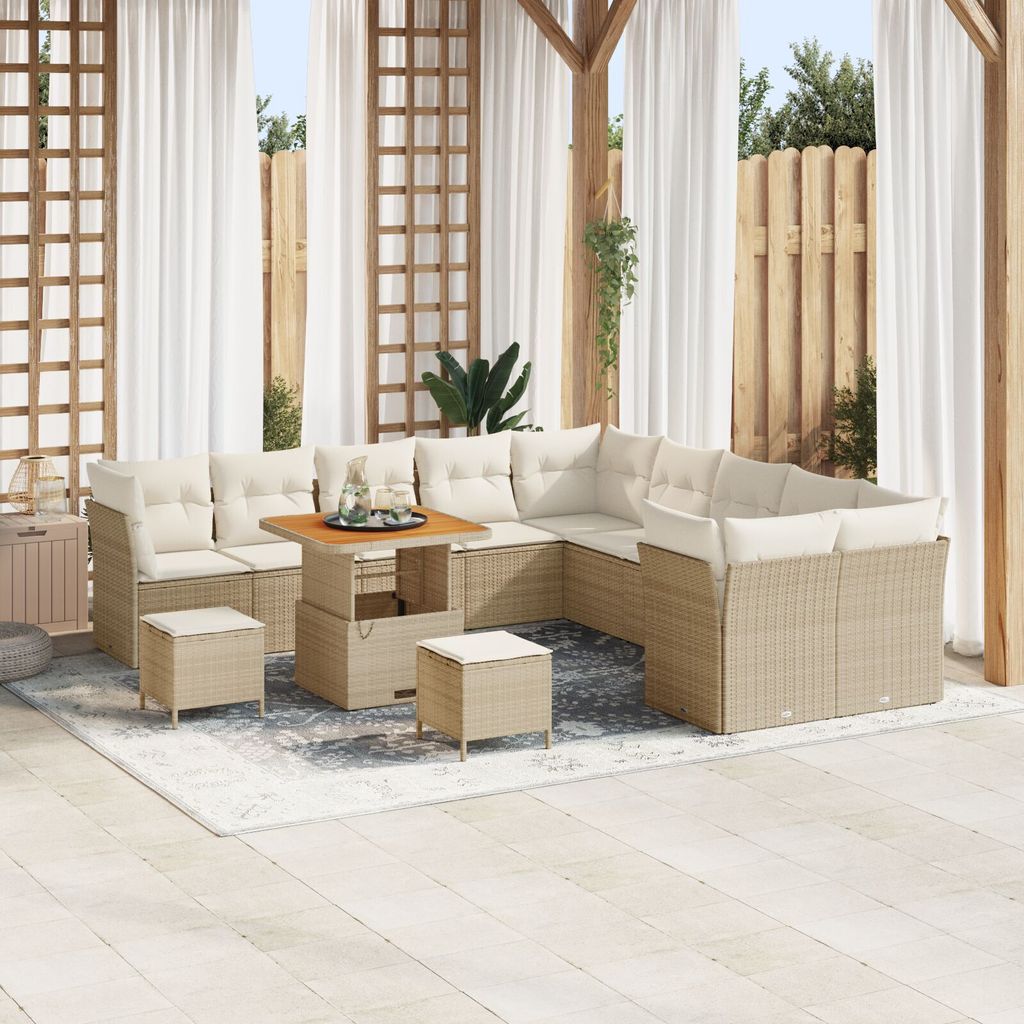 Langlebige 13-teiliges Garten-Sofaset mit Kissen Beige Poly-Rattan Akazie, 3-teiliges Garten-Essset mit Kissen Beige Poly-Rattan Akazie - Gartensof...