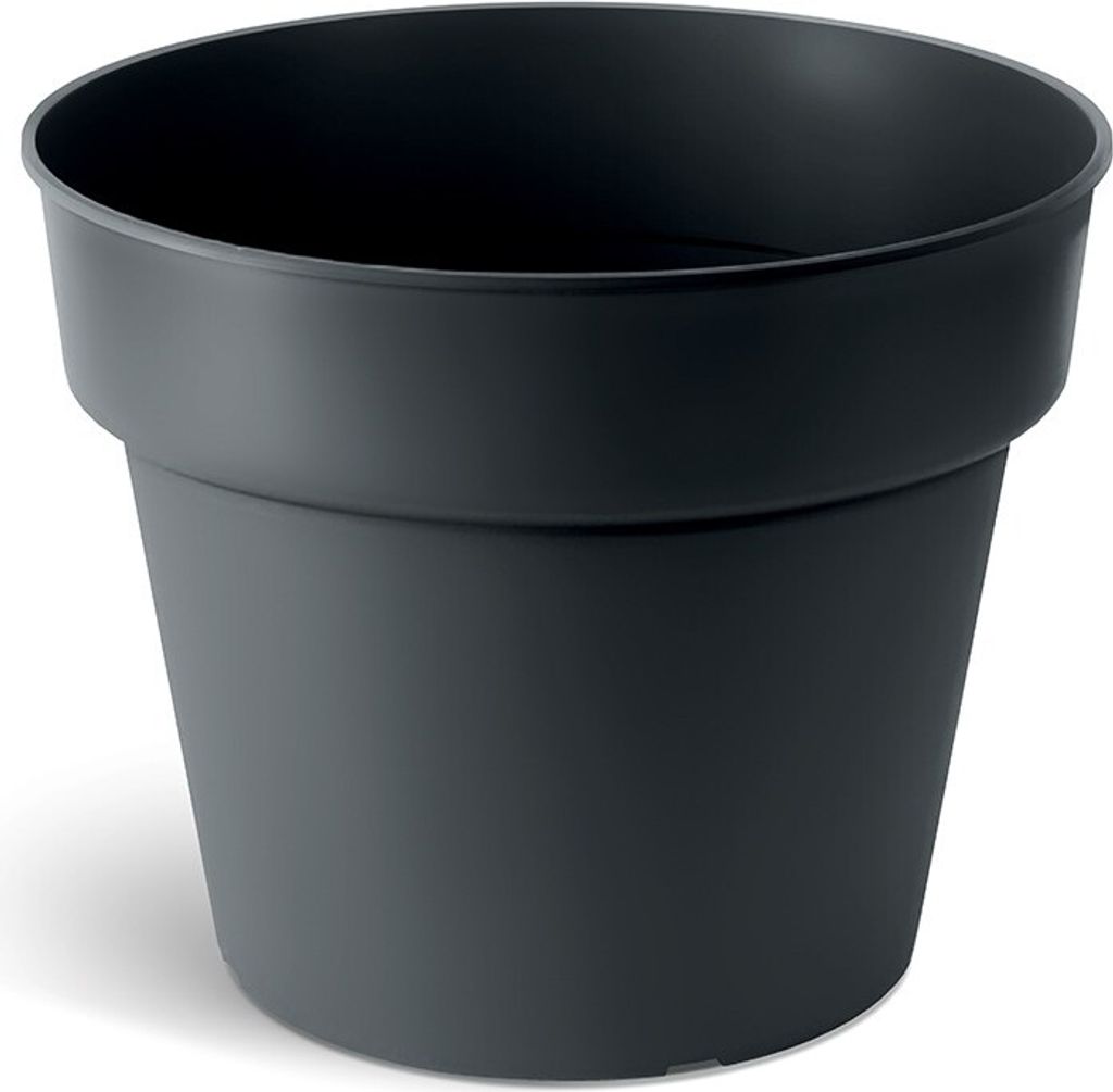 A black plastic plant pot on a white background.