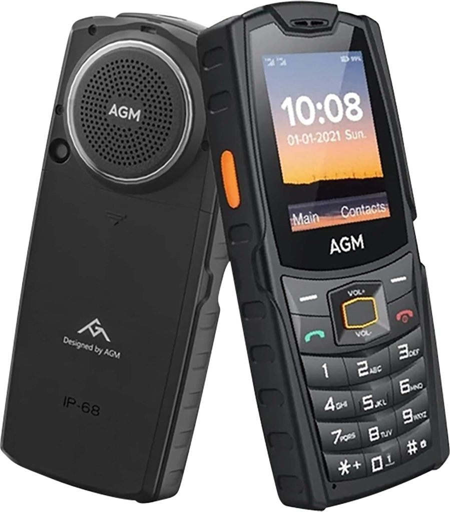 Two black AGM rugged mobile phones are shown, one facing forward and the other angled to show its back.