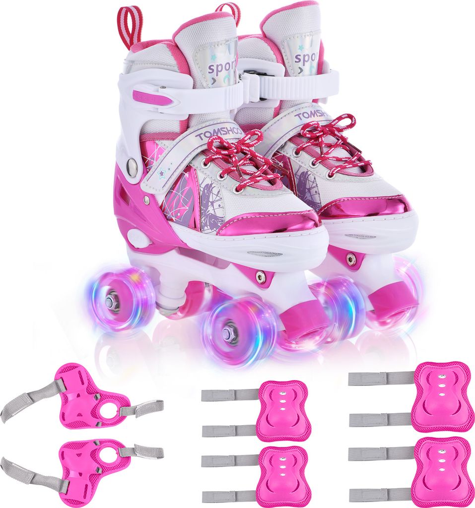 Rollschuhe fuer Kinder mit Schutzausruestung, 4 Groessen verstellbare leuchtende LED-Raeder, Rollschuhe fuer Maedchen (M)
