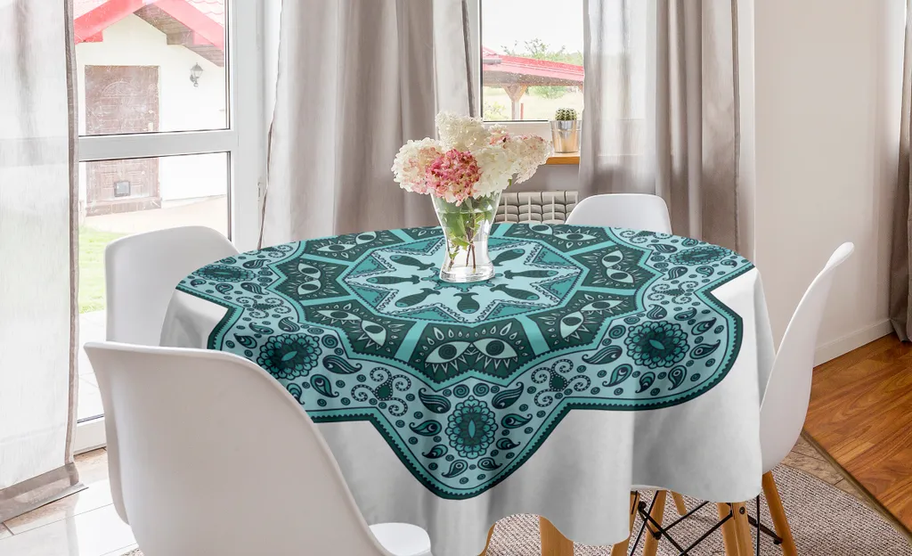 Tovaglia Rotonda 150 cm Lavabile ABAKUHAUS | Mandala Verde Acqua