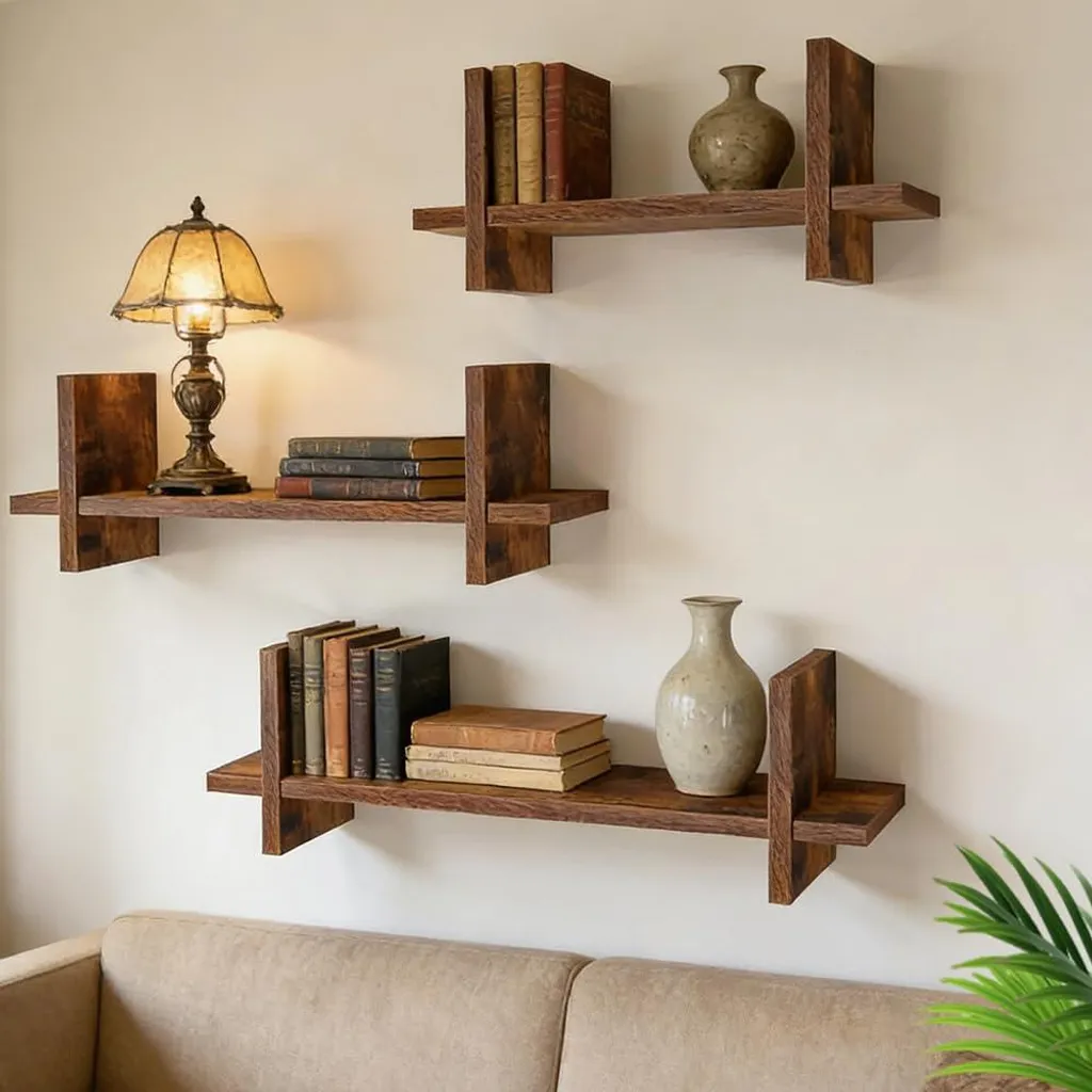 Bibliothèque murale suspendue marron et étagère à tasses lot de 3 bois