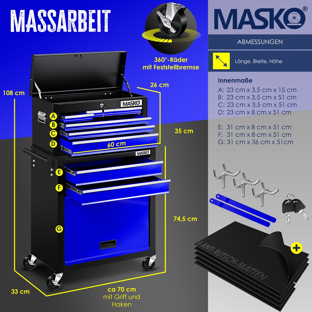 MASKO® Werkstattwagen inkl. Koffer - 9 Fächer Abschließbar Produktbild 7