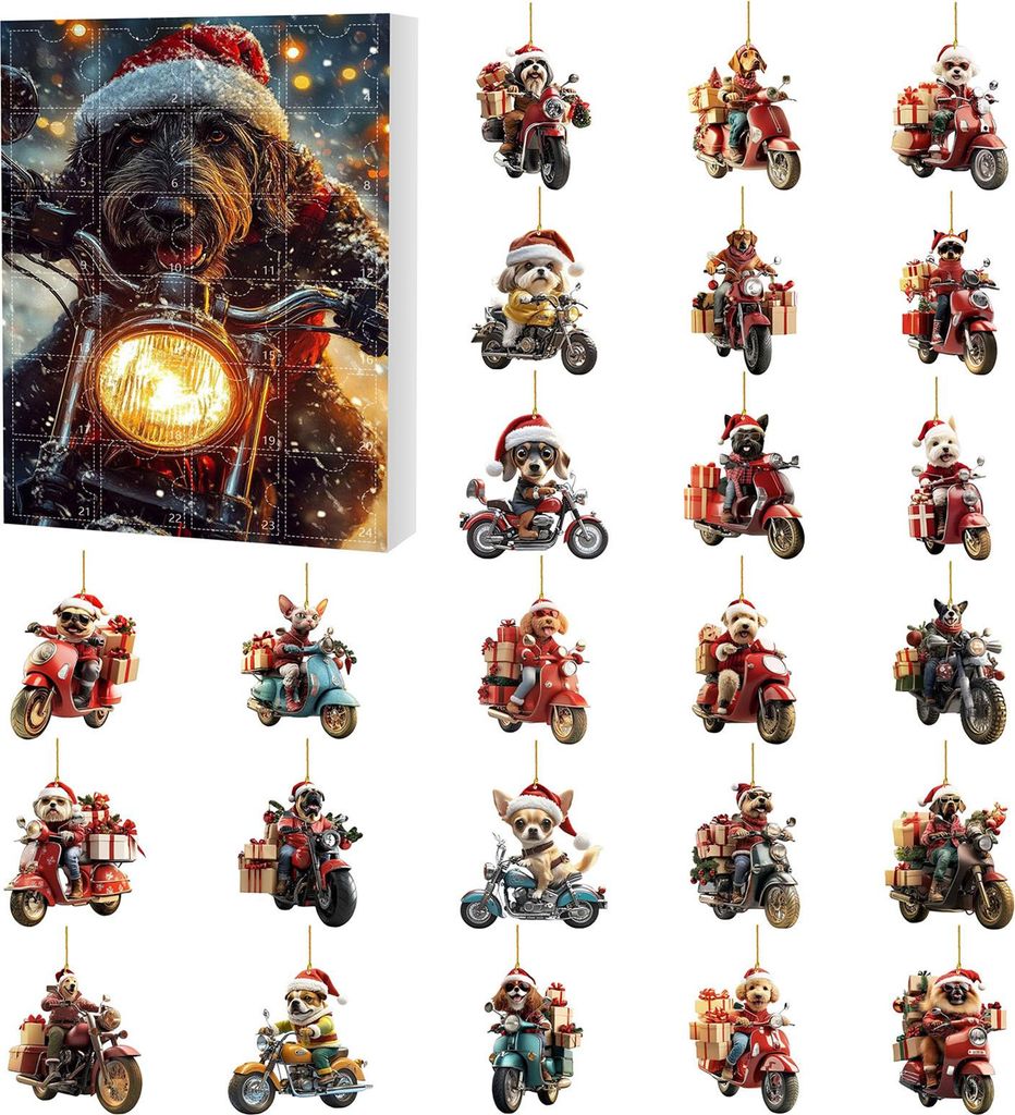 Lustiger Weihnachts-Adventskalender mit Motorrad-Hund-Motiv 2025 – 24-tägiger Countdown mit 2D-Acryl-Anhänger für Baum-, Wand- und Türdekorat...