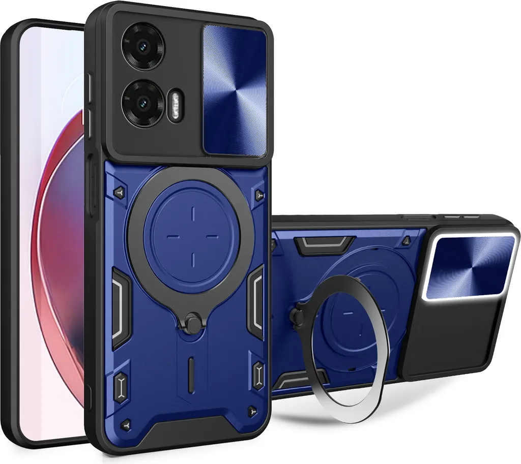 Custodia per Motorola Moto G35 Custodia resistente a doppio strato con copertura della fotocamera e supporto ad anello Blu