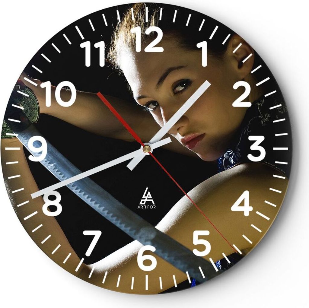 Wanduhr - Rund - Glasuhr - Brave weiblich Metall Schwert - 40x40cm - Schleichendes Uhrwerk - Lautlos - zum Aufhängen bereit - Dekoration Modern - ...