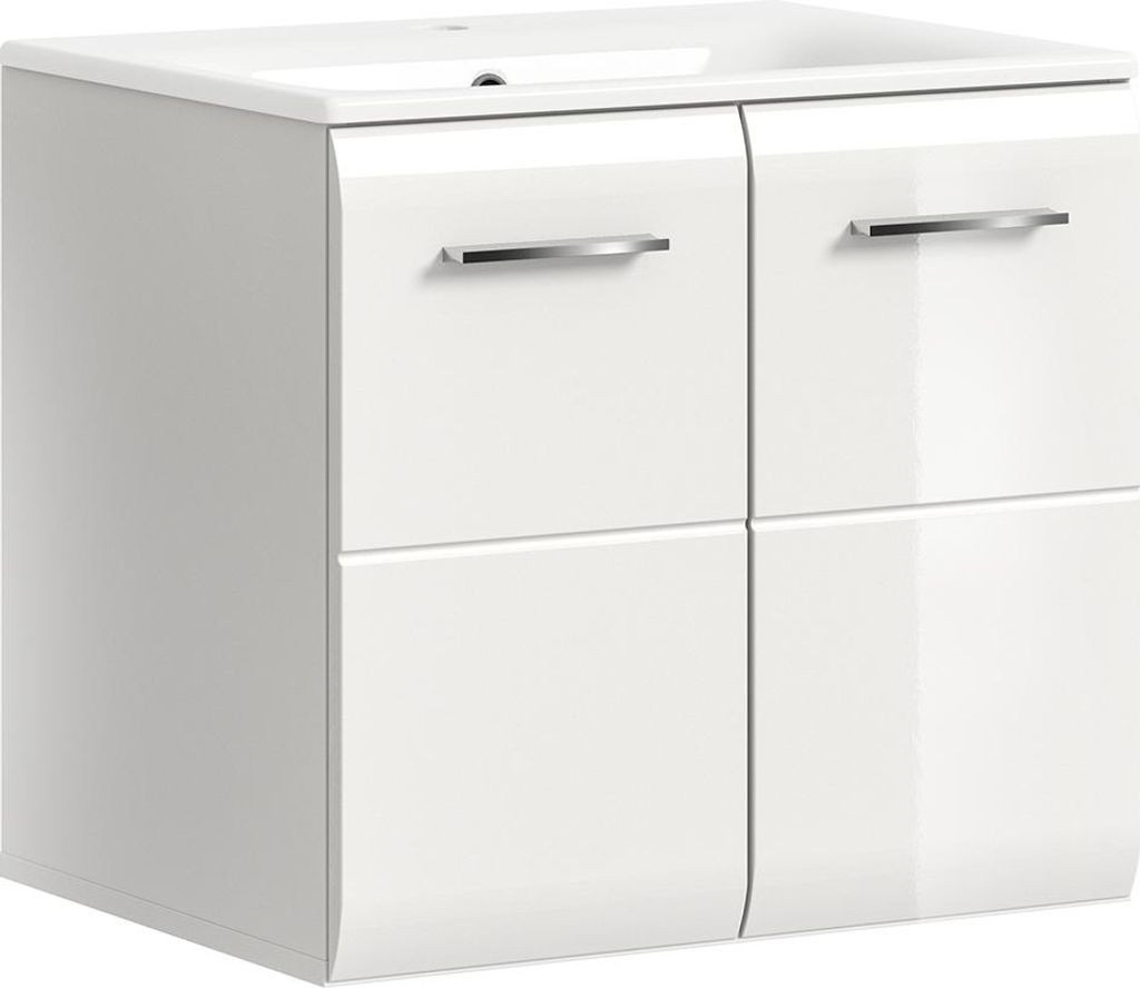 Badezimmer Waschtisch mit 60 cm Breite in weiß mit weiß Hochglanz, 2 Türen - IGGESUND-158