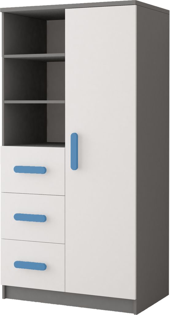 A product shot of a children's bookshelf with drawers and a door.