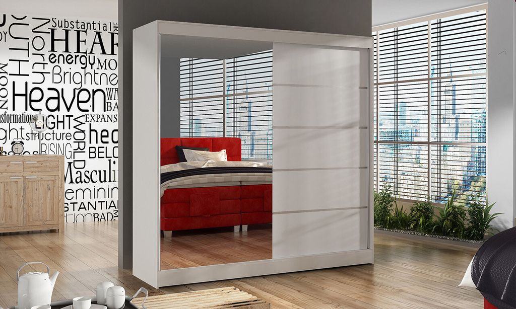 Eleganter Kleiderschrank 200 BULAN III, weiß mit Spiegel
