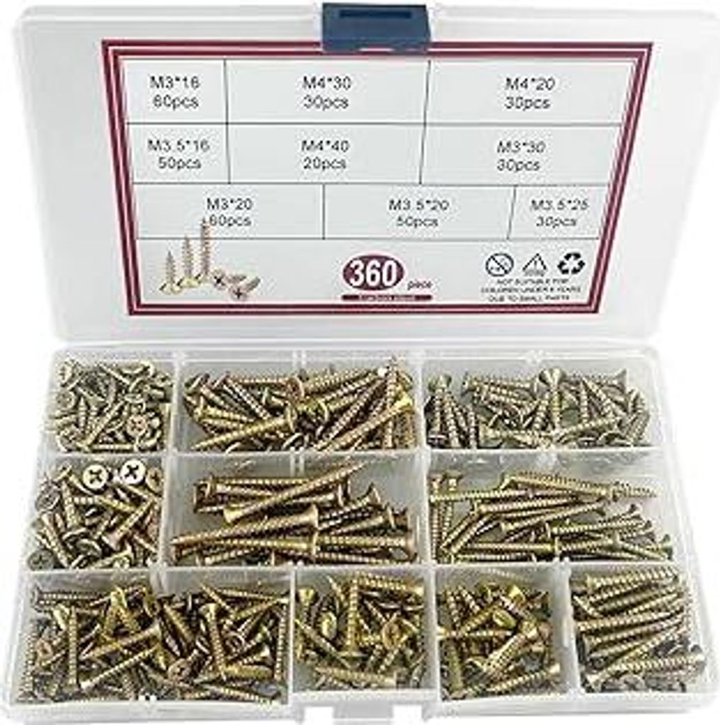 Diompirux 360 PCS Schrauben Gelb verzinkt Set, Selbstschneidende Schrauben mit Senkkopf, flacher Kopf Holzschraube Kit M3/M3.5/M4 mit Aufbewahrungs...