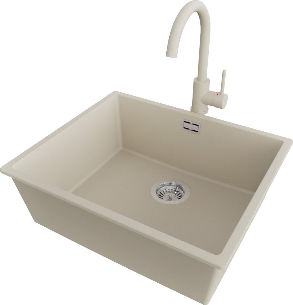 PRIMAGRAN Granitspüle Beige 56x47cm, Spülbecken 1 Becken + Küchenarmatur 32x20cm + Ablauf-Set, Küchenspüle ab 60er Unterschrank - London Slim
