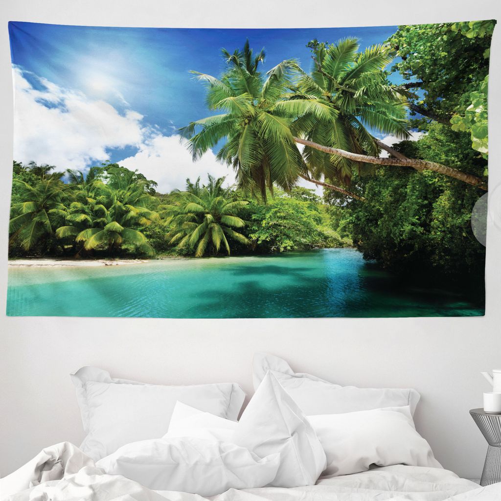 ABAKUHAUS Urwald Wandteppich, Mahe Island Lake Palms aus Weiches Mikrofaser Stoff Waschbar ohne Verblassen Digitaldruck, 230 x 140 cm, Grün Weiß ...