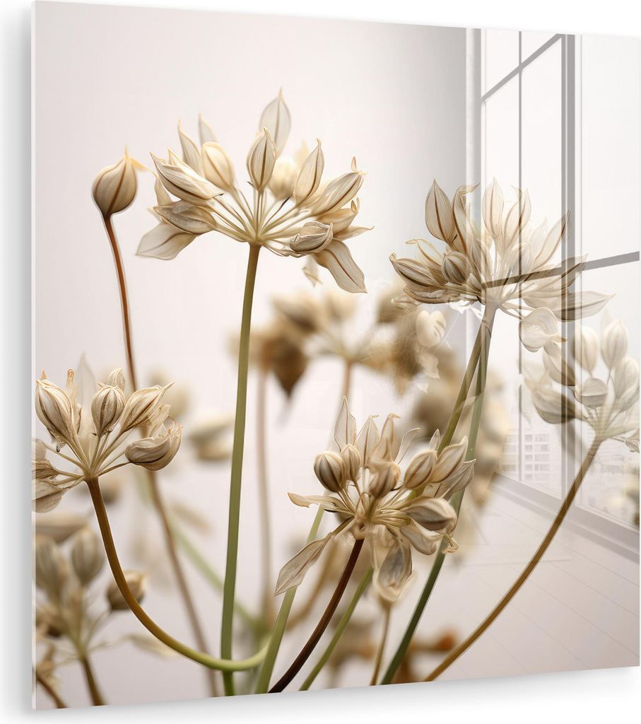 MuchoWow Glasbilder - Bilder auf Wandbild - Foto auf Glas Getrocknete Blumen - Beige - Weiß - Pflanzen 50x50 cm Wanddekoration aus Glas - Acrylgla...