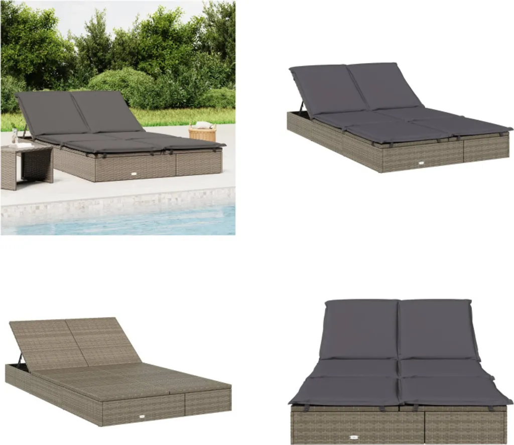 vidaXL Chaise Longue 2 Personnes Gris en Résine Tressée avec Support