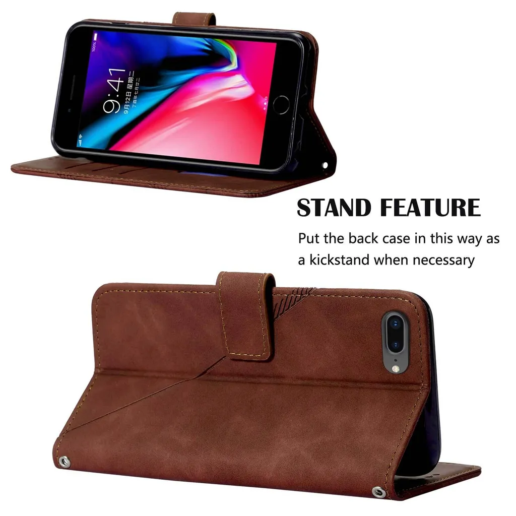 Custodia a Libro iPhone 8 Plus Pelle Marrone Goffrata con Supporto - 3