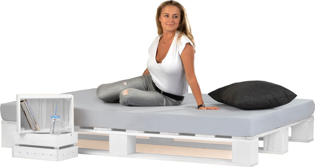 sunnypillow Palettenbett aus Holz Holzbett 180x200 cm Weiß Massivholzbett Bett aus Paletten Palettenmöbel Fichte europalette Weiss 80 90 100 120 ...