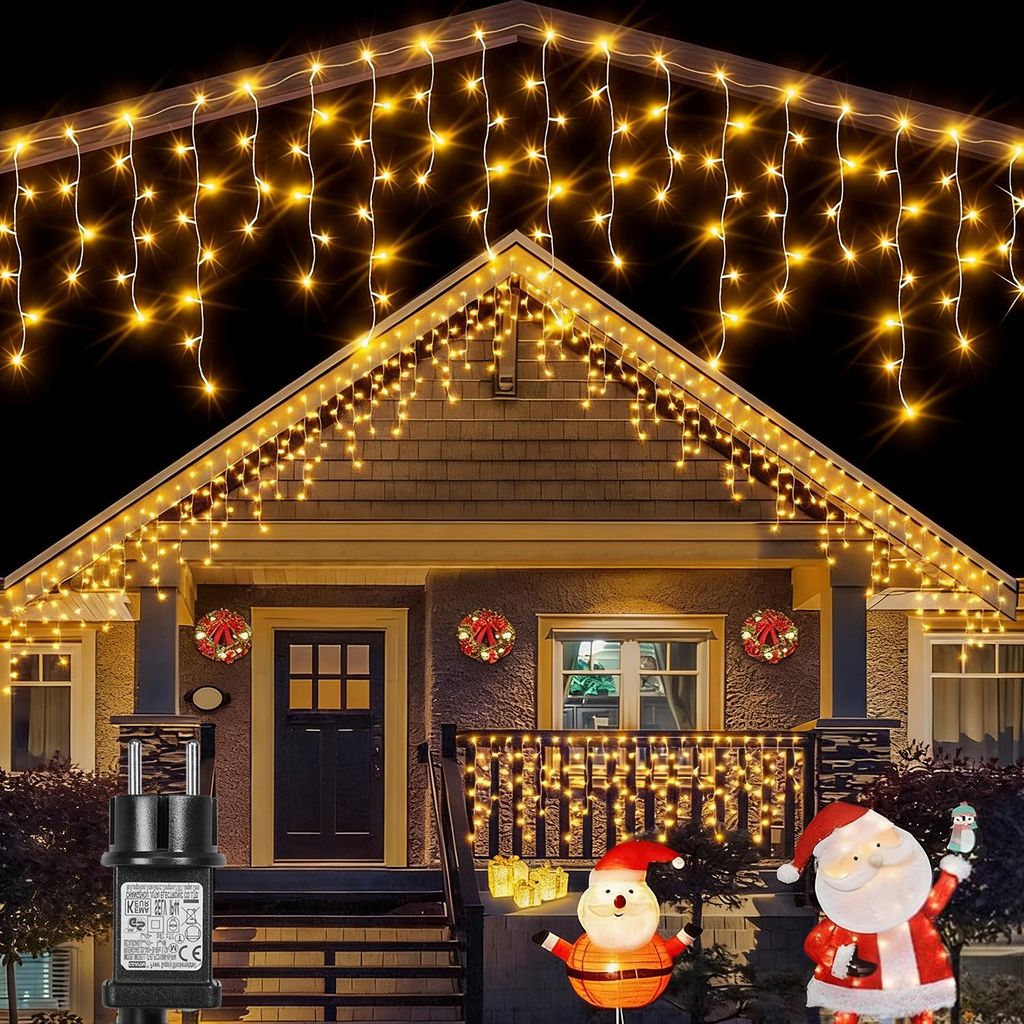 LED Eiszapfen Lichterkette 5m Warmweiß 8 Lichtmodi mit Timer Lichtervorhang Innen Party Garten Weihnachten Deko