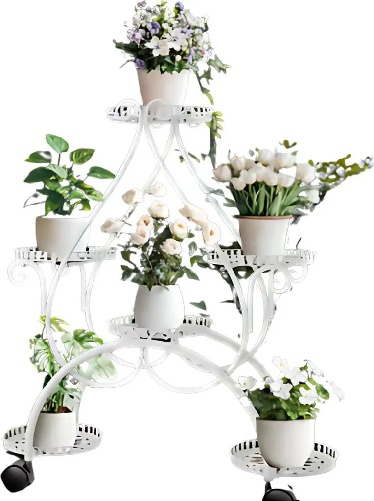 Étagère pour plantes en métal blanc - Porte-fleurs 6 pots pour terrasse