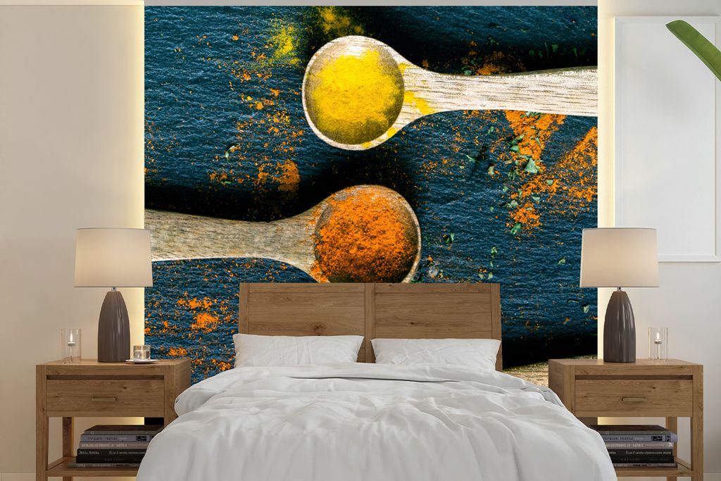 MuchoWow Fototapete für Wohnzimmer oder Schlafzimmer Wandtapete Vinyl Motivtapete Gewürze - Löffel - Kräuter - Braun - Gelb - Grün - 300x300...