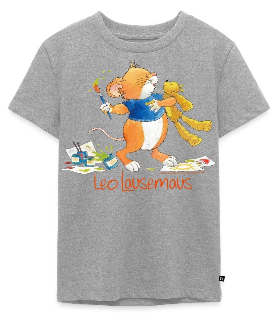 Spreadshirt Leo Lausemaus Malen mit Teddy Kinder Premium T-Shirt, 98/104 (2 Jahre), Grau meliert