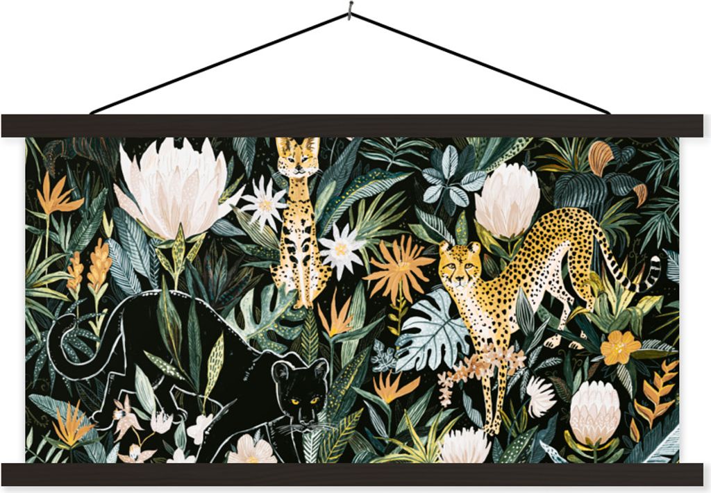 MuchoWow Textilposter Dschungel - Pflanzen - Katze 150x75 cm mit schwarzem Rahmen - Posterleiste
