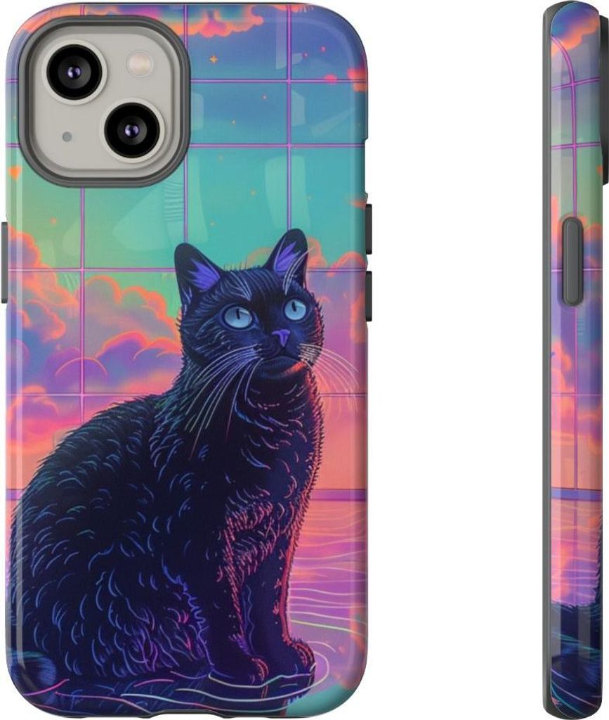 Schwarze Katze mit Neon-Akzenten und farbenfrohem Himmelsreflex – Hülle Kompatibel mit iPhone 14