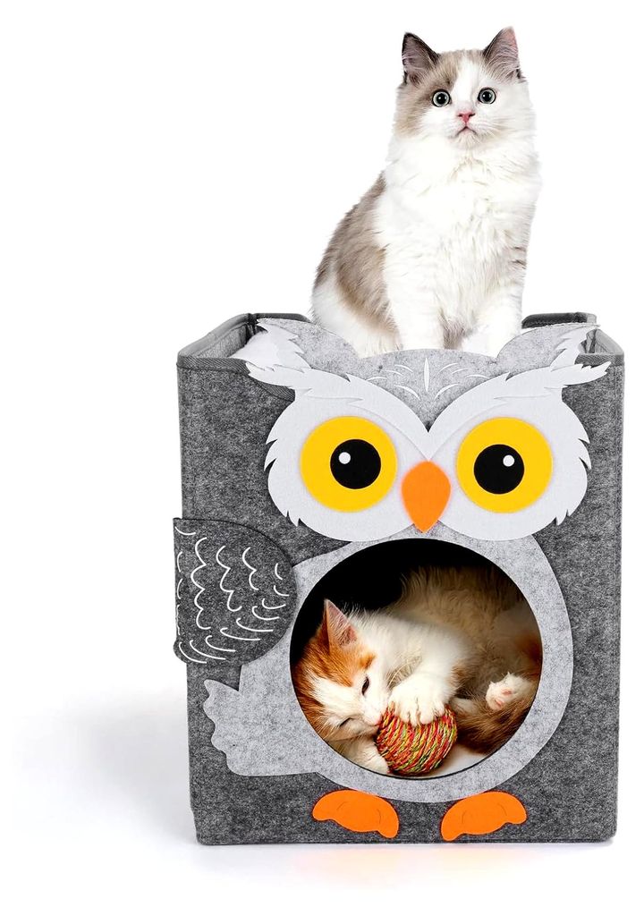 Katzenhöhle mit 2 Etagen aus Filz inkl. Kissen für Katzen zum Schlafen, Verstecken und Spielen 30 x 35 x 35 cm
