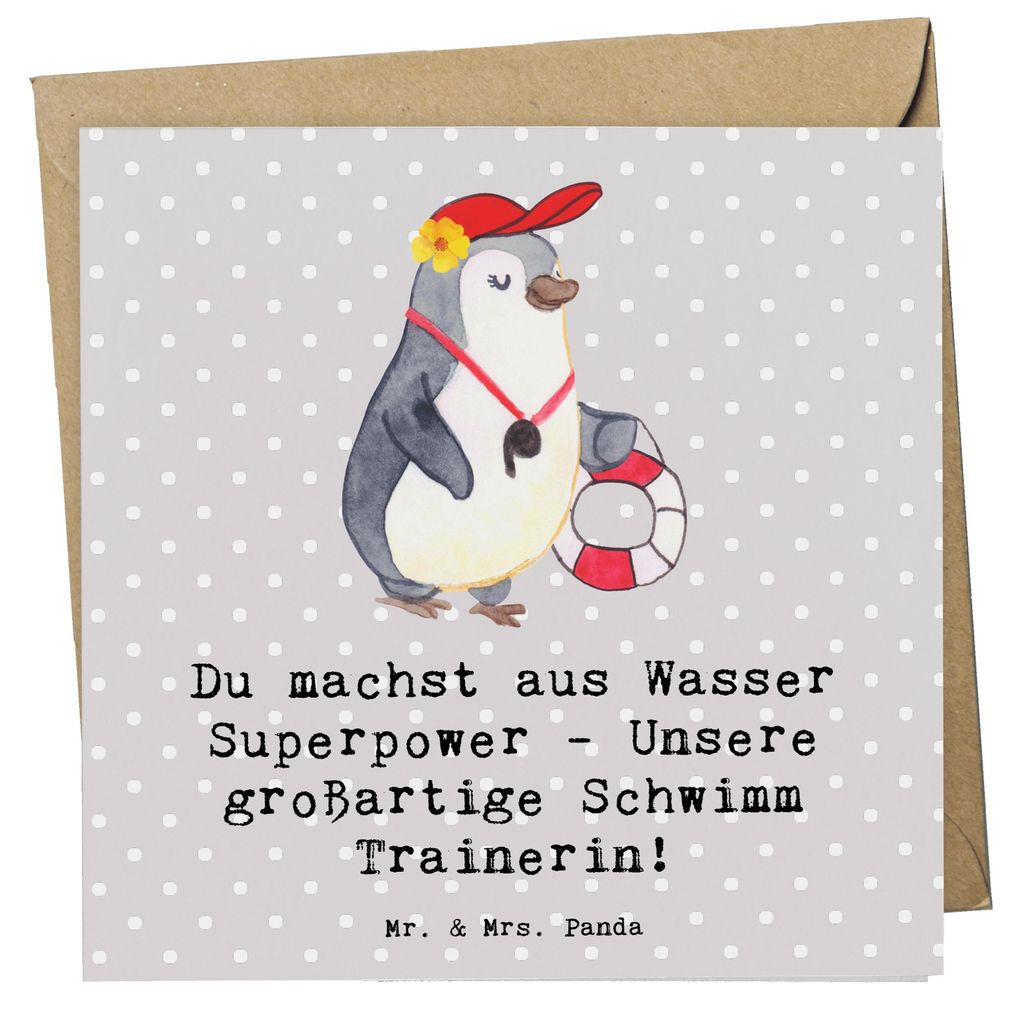 Mr. & Mrs. Panda Grußkarte Superpower Schwimmen Trainerin - Grau Pastell - Geschenk, Klappkarte, faltkarte, Erinnerungsgeschenk, Magie, Glückwuns...