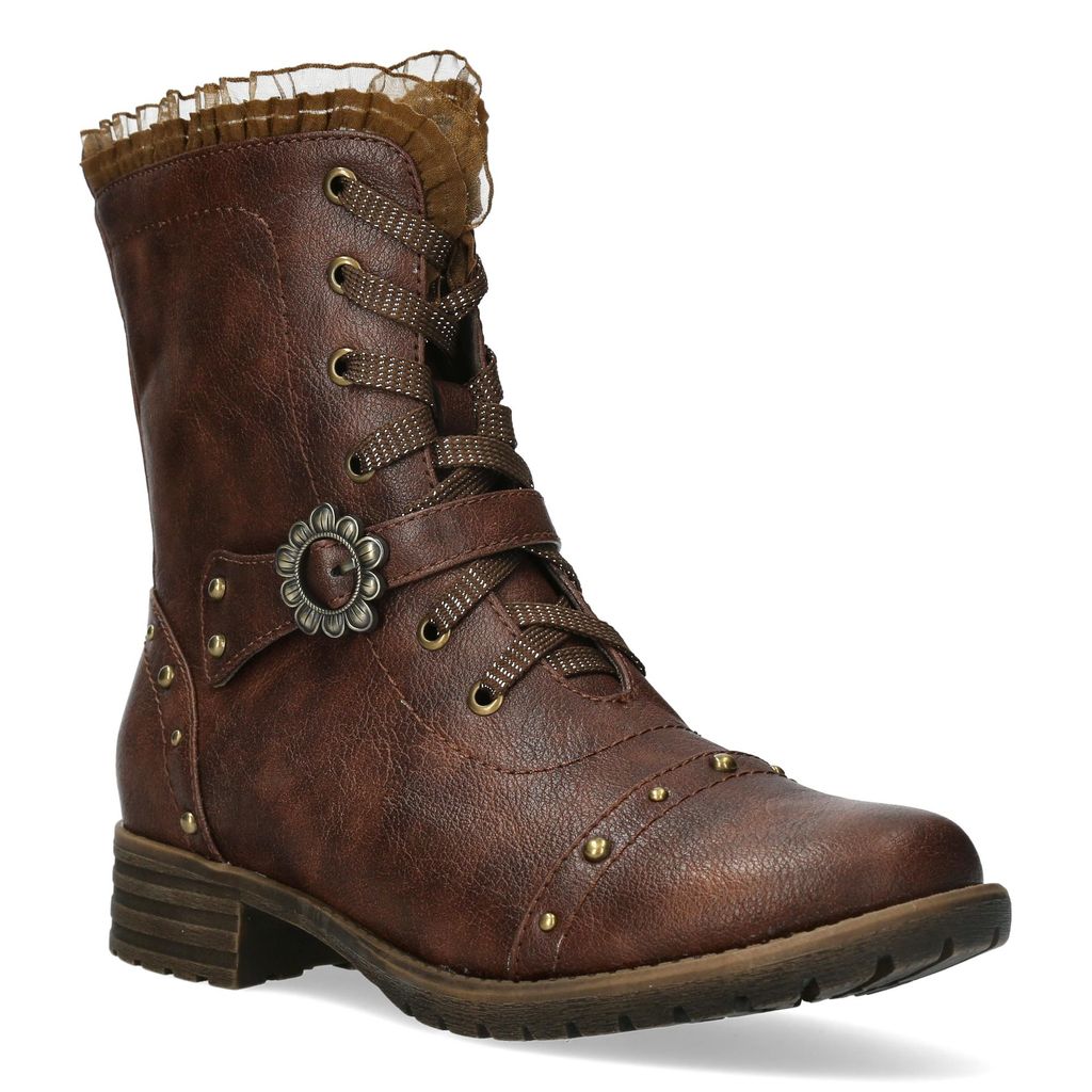 LAURA VITA Schnürstiefelette flach braun NGACMAYO 08 vegan mit Nietenverzierungen und Reissverschluss Innenseite bequeme Weite G Grösse 41 EU