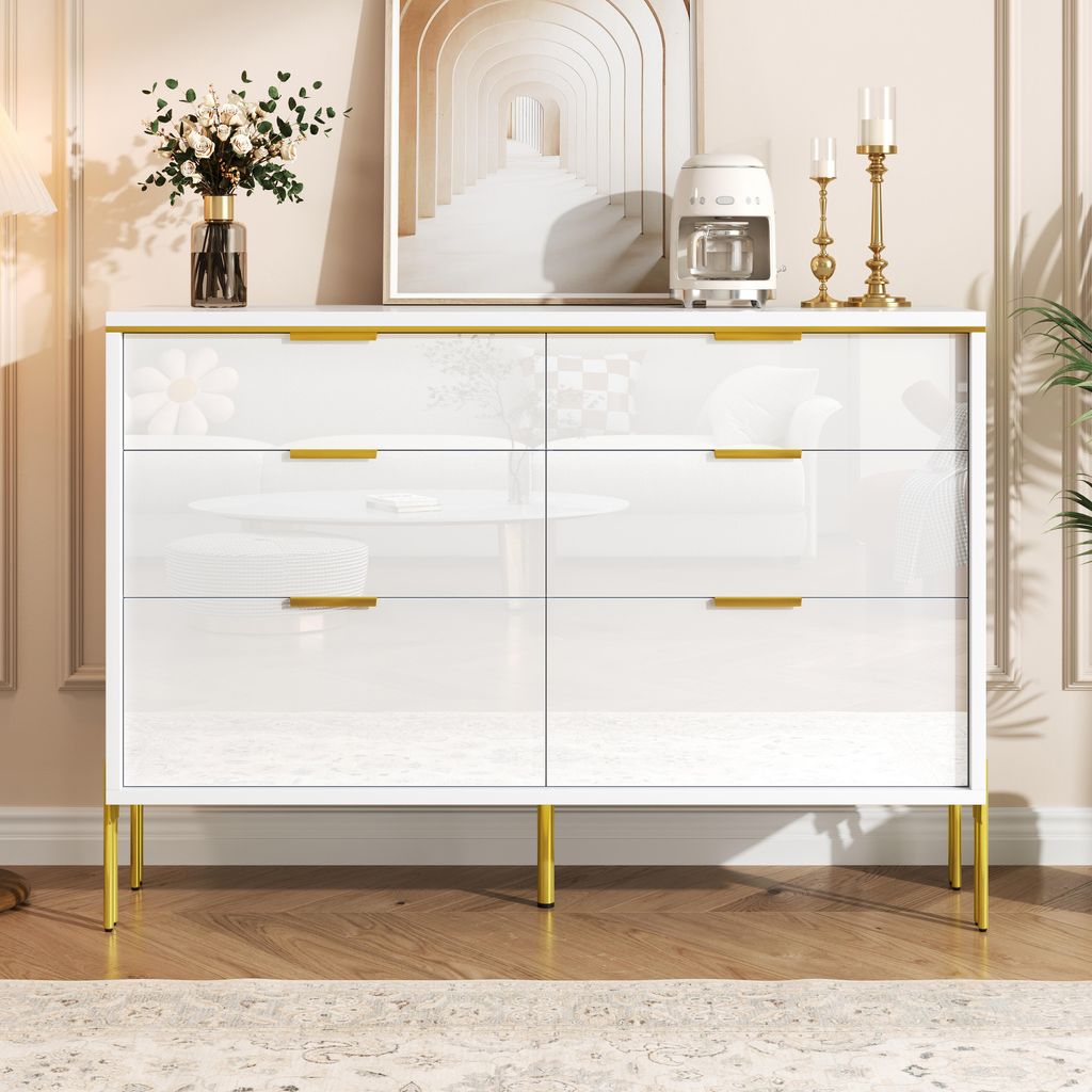 Merax Modernes Sideboard mit 6 Schubladen in Weiß und Gold